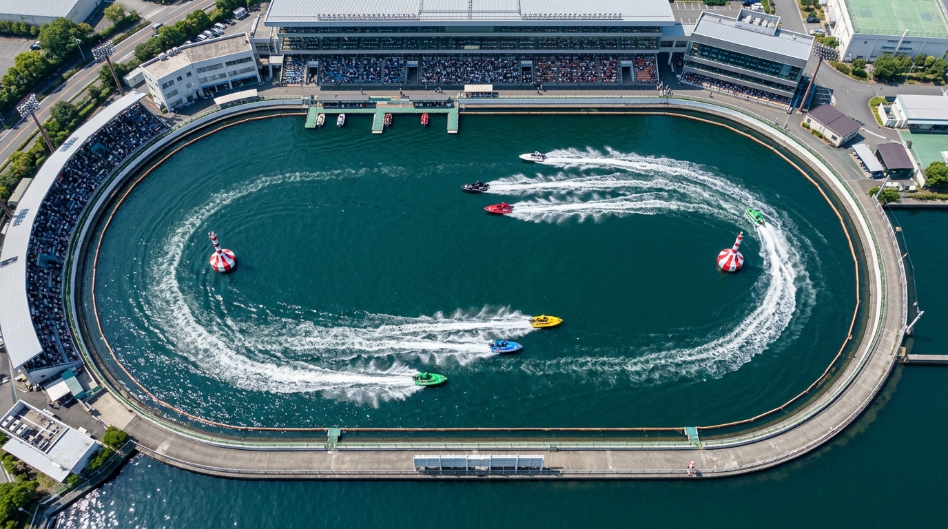 ボートレース場の水面全体図。大時計・1マーク・2マークと各展示タイムの計測区間
