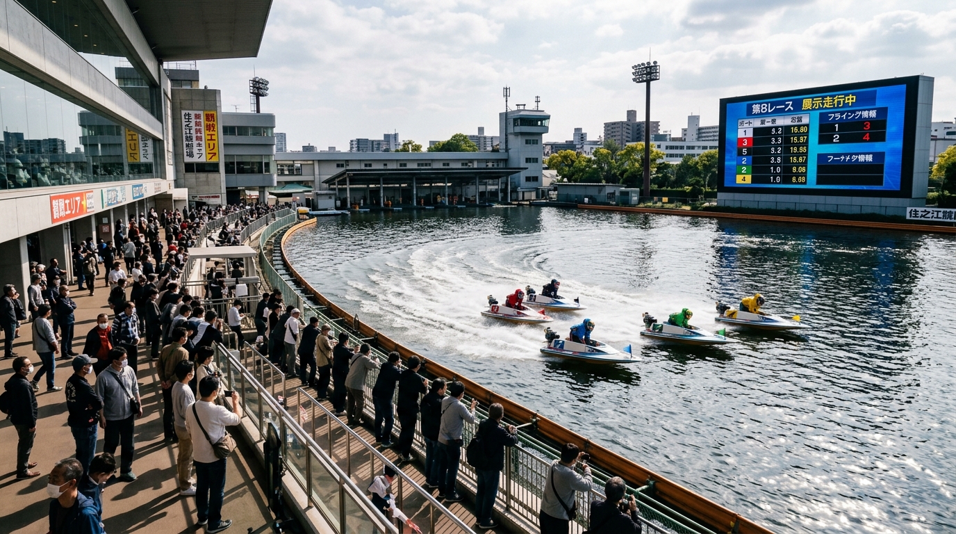 ボートレース場のスタンドから展示航走と大型電光掲示板を見つめ、軸艇を決定するレース場のリアルな情景