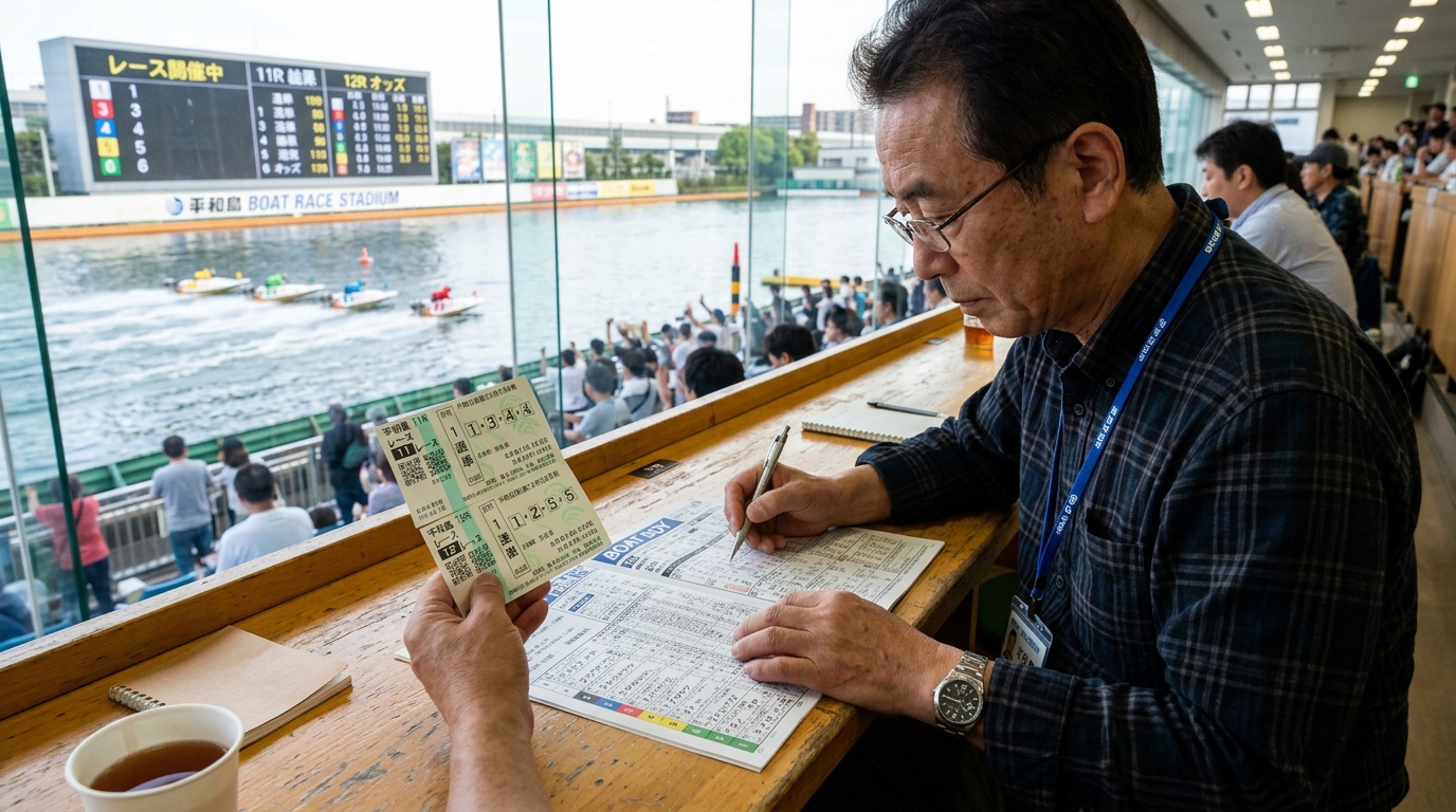 競艇場スタンドの木製カウンターで出走表とオッズを綿密に精査し連続舟券を準備する舟券師