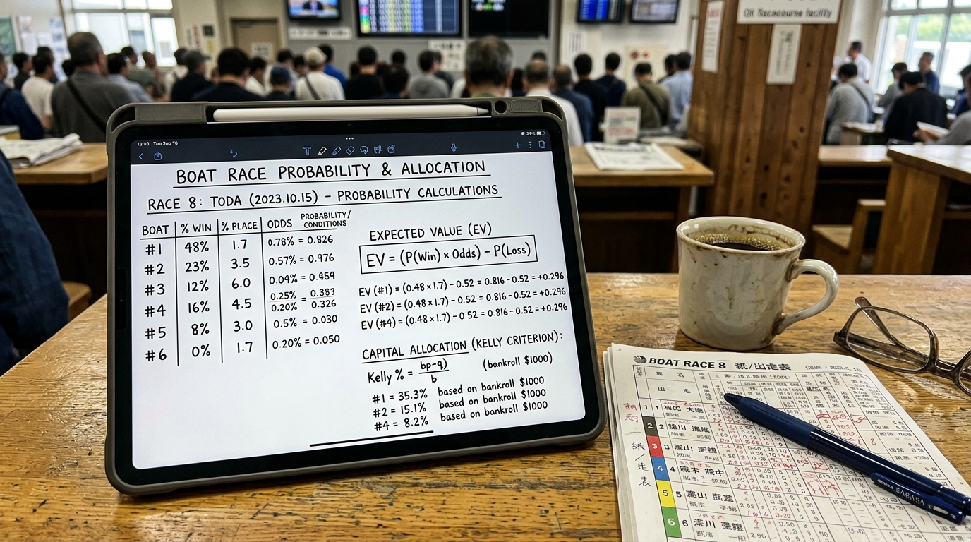 期待値（EV）数式とケリー基準の資金配分率が表示されたタブレット端末