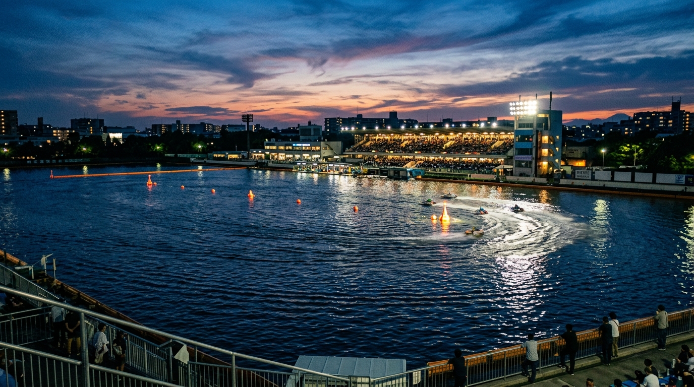 夕暮れからナイターへ移行するボートレース場の広大な水面と照明のリアルな情景写真